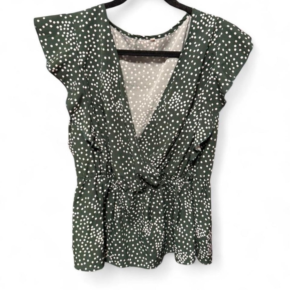 Sage Green Smocked Peplum Blouse White Polka Dot 3xl